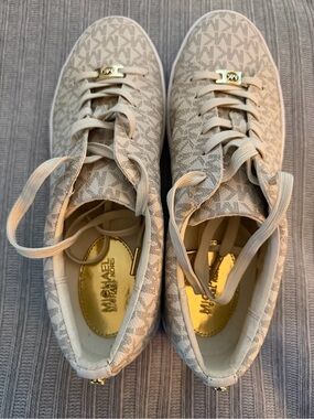 Michael Kors Cream Logo Lace-Up Sneakers with Gold Accents